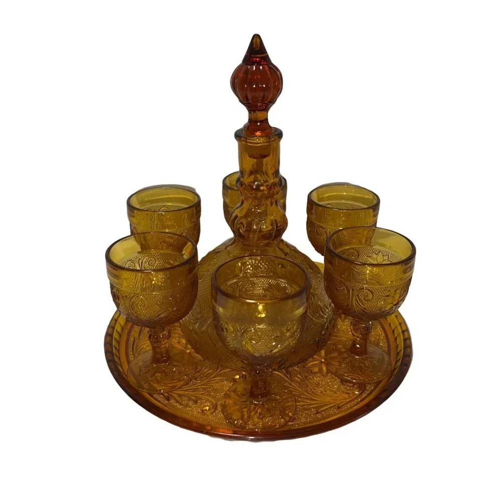 Vintage 9 Pc Decanter Set W/ Tray Indiana Glass Amber Tiara Sandwich Pattern